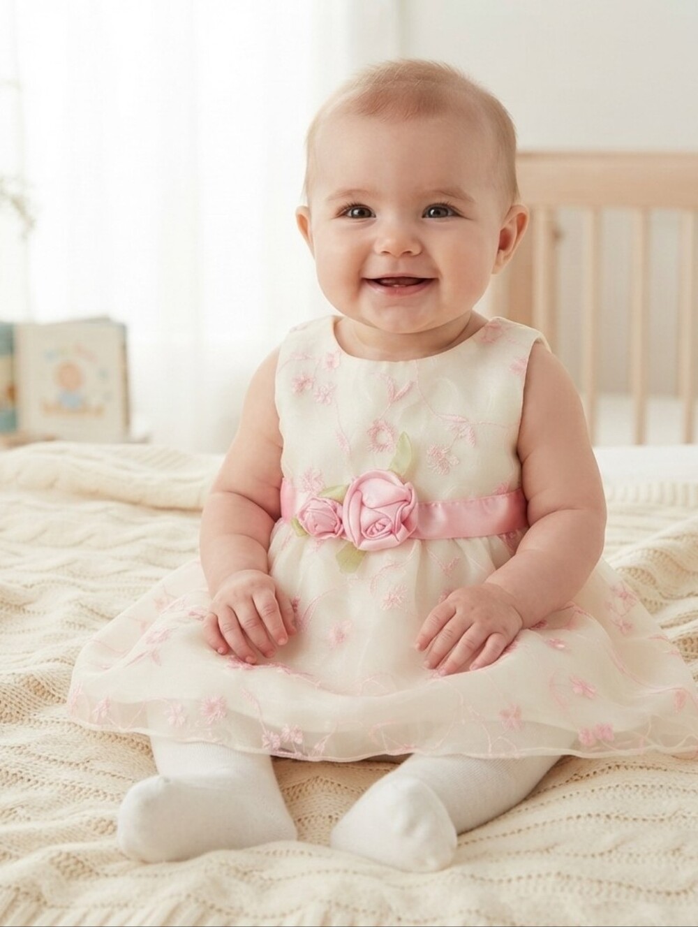 Youngland 3-6M Pink and White Floral Dress with Tights